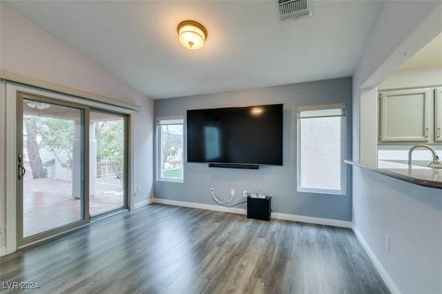 unfurnished living room with plenty of natural light, wood-type flooring, sink, and vaulted ceiling