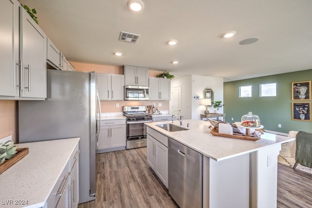 kitchen with a kitchen island with sink, sink, wood-type flooring, and appliances with stainless steel finishes