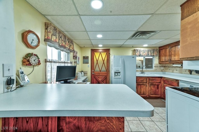 kitchen with sink, backsplash, kitchen peninsula, white appliances, and light tile patterned flooring