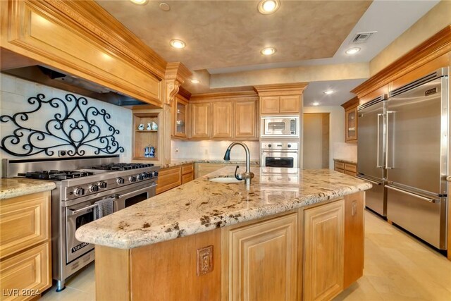 kitchen with premium range hood, a kitchen island with sink, sink, built in appliances, and light stone counters