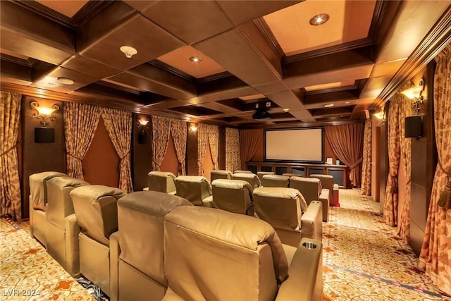 cinema featuring carpet floors, crown molding, beamed ceiling, and coffered ceiling