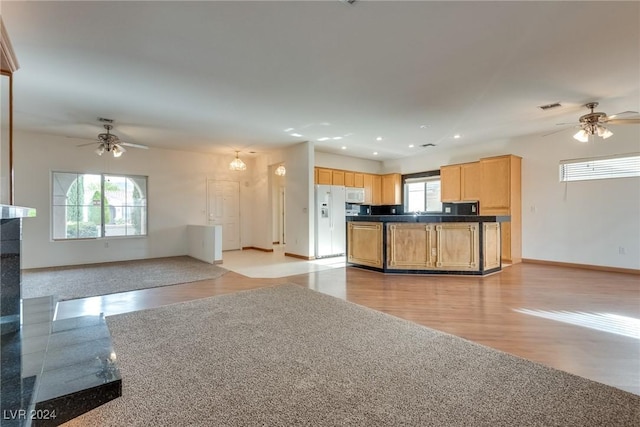 kitchen featuring plenty of natural light, ceiling fan, and white appliances