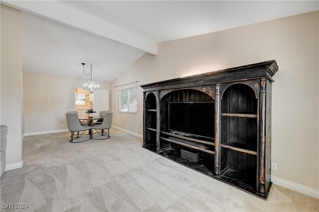 room details featuring carpet flooring, beamed ceiling, and a chandelier