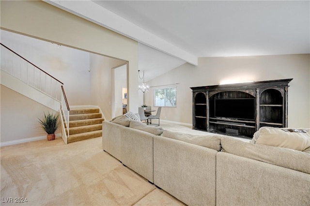 carpeted living room featuring a chandelier and lofted ceiling with beams