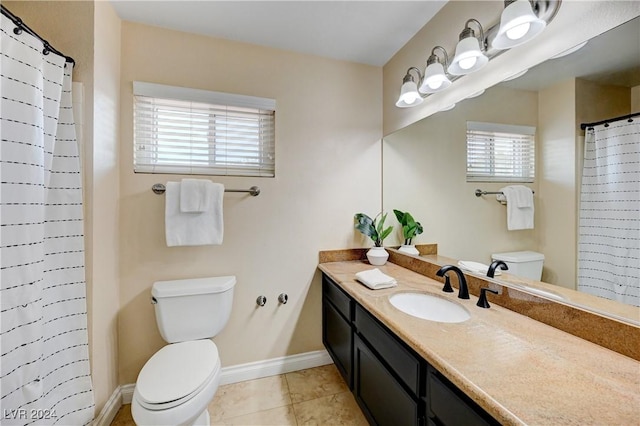 bathroom with walk in shower, tile patterned flooring, vanity, and toilet