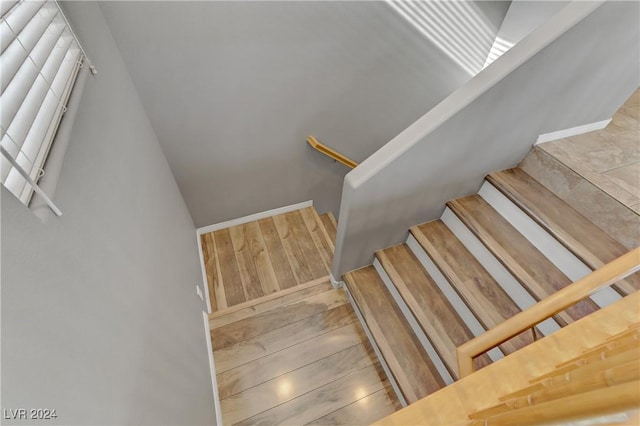 stairway with hardwood / wood-style flooring