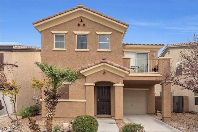 view of front of house with a balcony and a garage