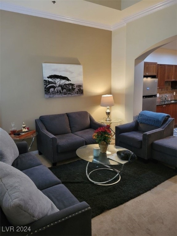 carpeted living room with sink and ornamental molding