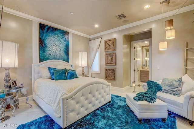 bedroom with ensuite bath and ornamental molding