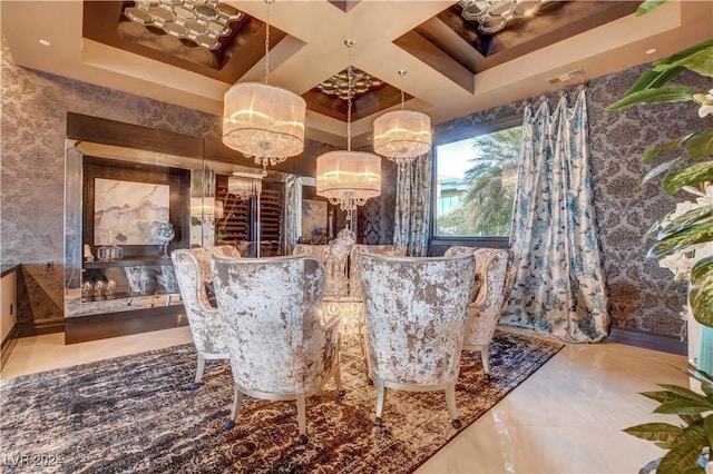 interior space featuring beam ceiling, a chandelier, and coffered ceiling