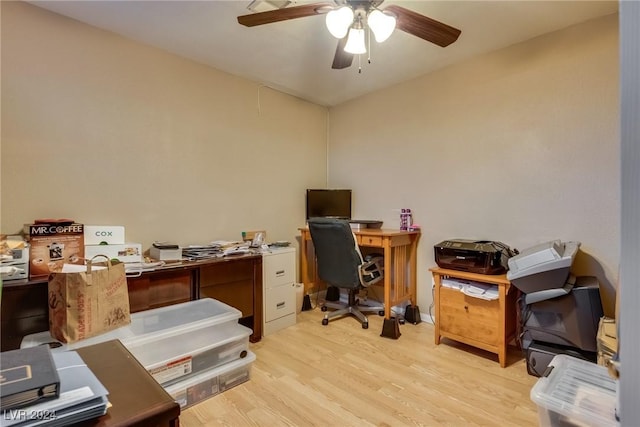 home office featuring ceiling fan and light wood finished floors