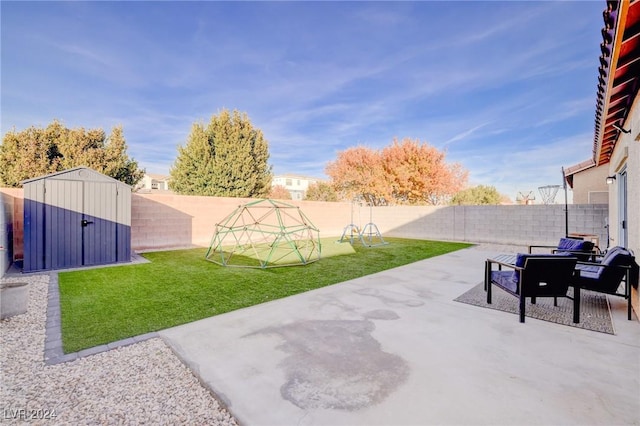 view of patio / terrace featuring a storage unit