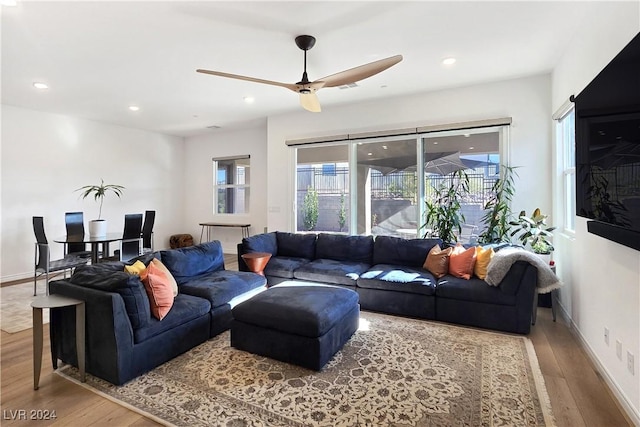 living room with ceiling fan and hardwood / wood-style floors