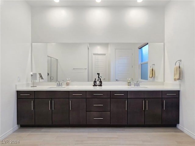 bathroom featuring vanity and a shower with door