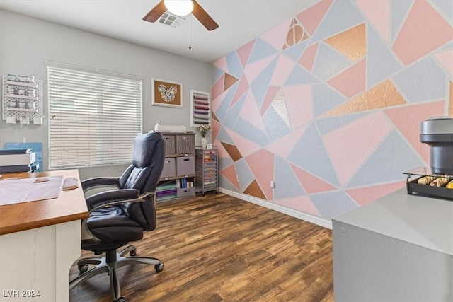 home office featuring ceiling fan and wood-type flooring