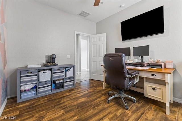 office with ceiling fan and dark hardwood / wood-style flooring