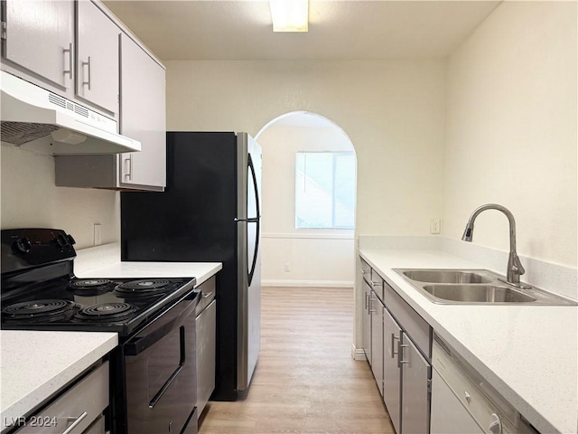 kitchen featuring white cabinets, light wood-type flooring, sink, and black electric range