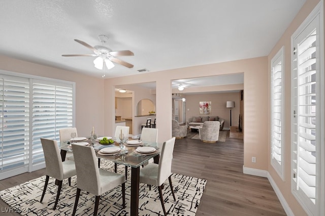 dining area with ceiling fan, wood-type flooring, and a wealth of natural light