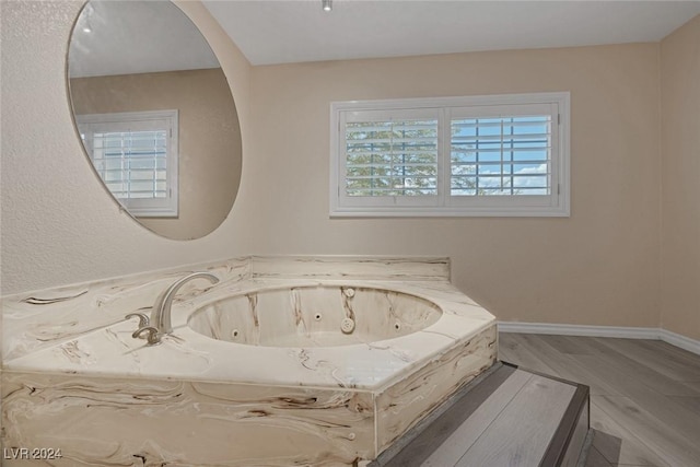 bathroom with a tub and wood-type flooring