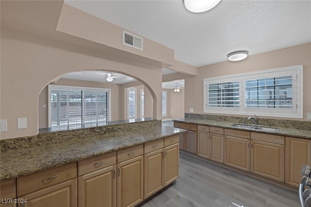 kitchen with sink, ceiling fan, light stone countertops, a textured ceiling, and light wood-type flooring