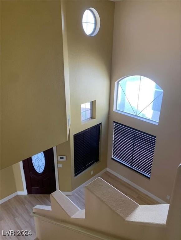 foyer entrance featuring plenty of natural light, light hardwood / wood-style floors, and a towering ceiling