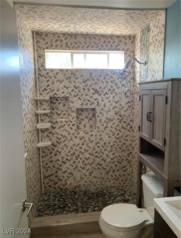 bathroom with tiled shower, vanity, toilet, and a healthy amount of sunlight