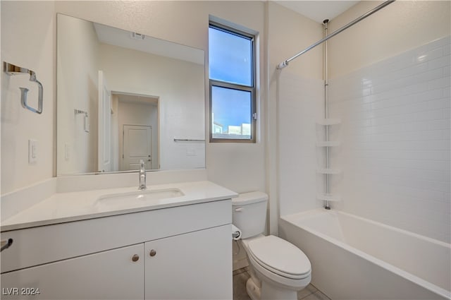 full bathroom with toilet, vanity, and tub / shower combination