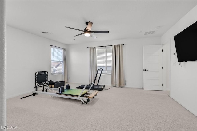 exercise room with carpet flooring and ceiling fan