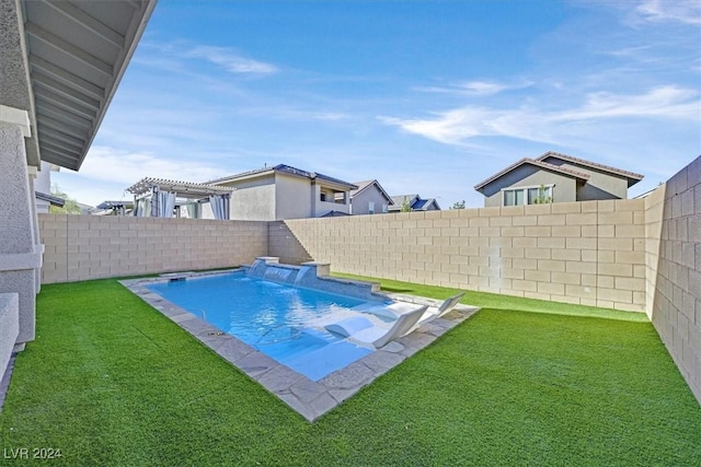 view of swimming pool with pool water feature, a pergola, and a yard