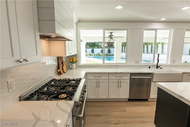 kitchen with premium range hood, a healthy amount of sunlight, light stone countertops, and stainless steel appliances