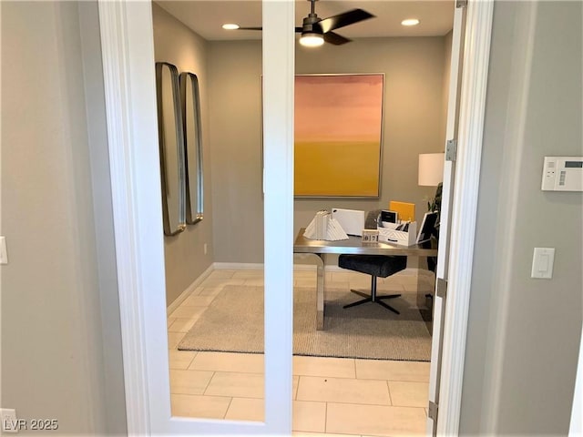 bathroom with tile patterned floors and ceiling fan