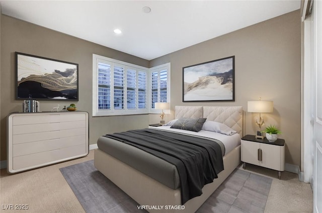 bedroom with recessed lighting, carpet flooring, and baseboards