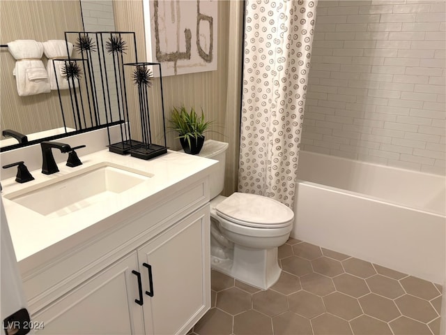 full bathroom with tile patterned flooring, vanity, toilet, and shower / bathtub combination with curtain