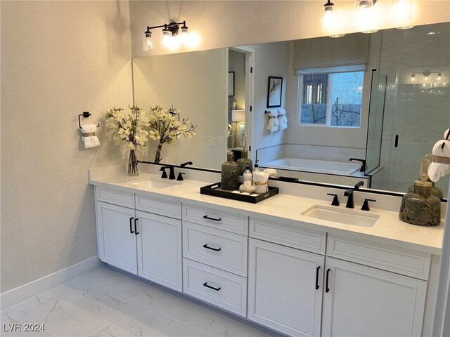 bathroom with vanity and plus walk in shower