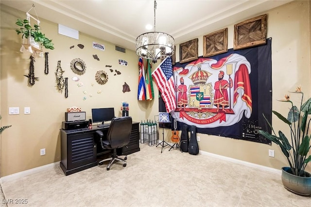 office space with an inviting chandelier