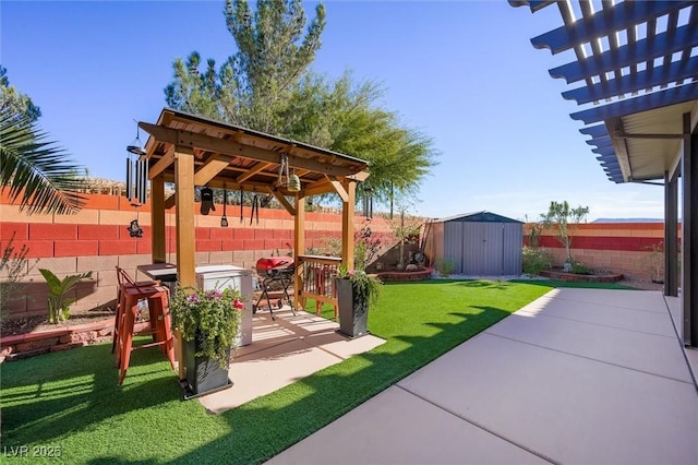 view of yard featuring a jacuzzi, a patio, a pergola, and a shed