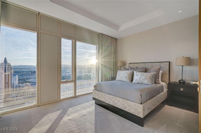 carpeted bedroom with access to outside and a tray ceiling