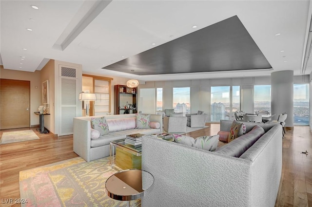 living room featuring a raised ceiling and light hardwood / wood-style flooring