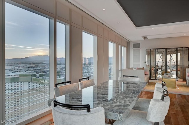 dining space with a mountain view, a fireplace, and light hardwood / wood-style floors