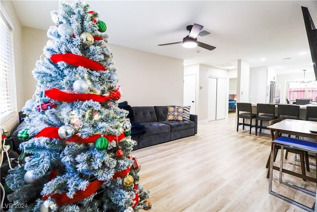 living room featuring ceiling fan and light hardwood / wood-style flooring