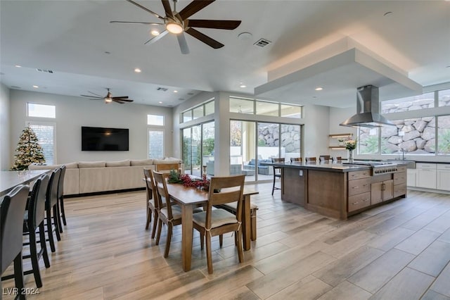 dining area featuring ceiling fan and light wood-type flooring