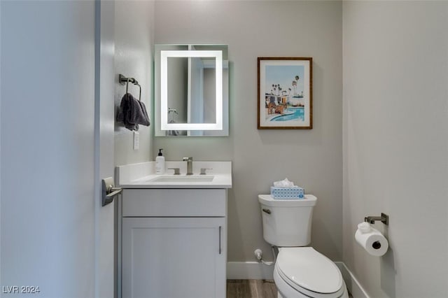 bathroom with wood-type flooring, vanity, and toilet