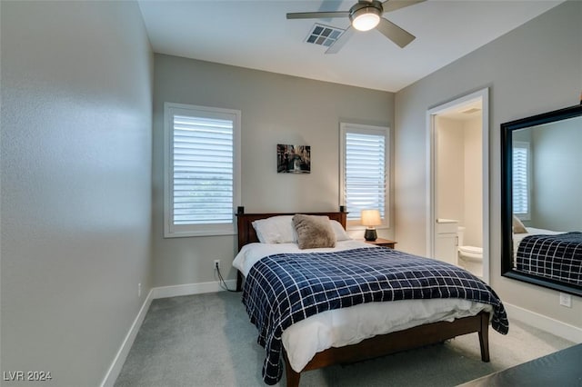 bedroom featuring ceiling fan, carpet floors, and connected bathroom