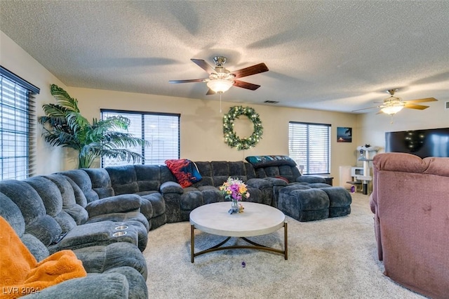 living room with a healthy amount of sunlight, carpet floors, and a textured ceiling