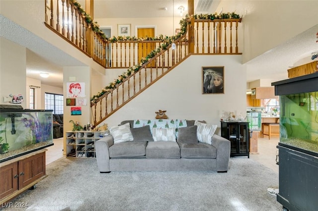 living room with a textured ceiling and a towering ceiling