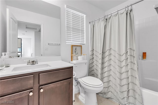 full bathroom with tile patterned floors, vanity, shower / bath combo, and toilet