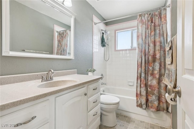 full bathroom with vanity, toilet, and shower / bath combo with shower curtain