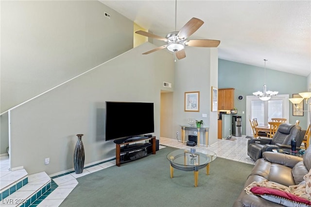 living room with light tile patterned flooring, high vaulted ceiling, and ceiling fan with notable chandelier