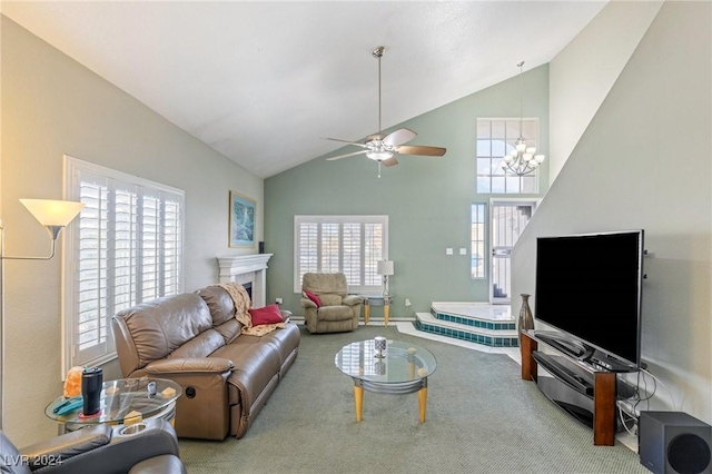 living room with light carpet, ceiling fan with notable chandelier, plenty of natural light, and high vaulted ceiling