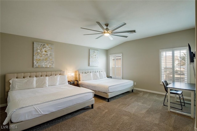 carpeted bedroom featuring vaulted ceiling and ceiling fan